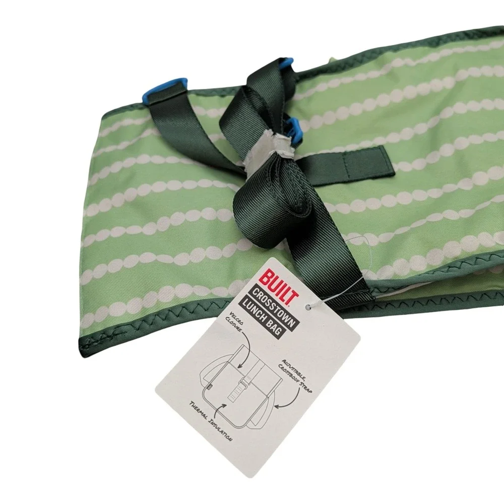 BUILT Crosstown Lunch Bag Green Dot Stripe Insulated Crossbody Strap lunchbox